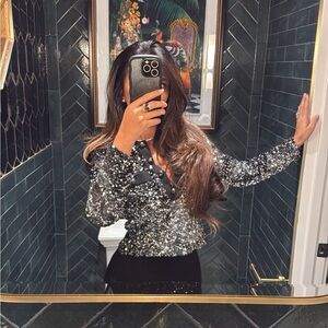 MARELLA Sparkling Black Sequin Blouse Betta Jersey Long Sleeve Knit Sweater😍